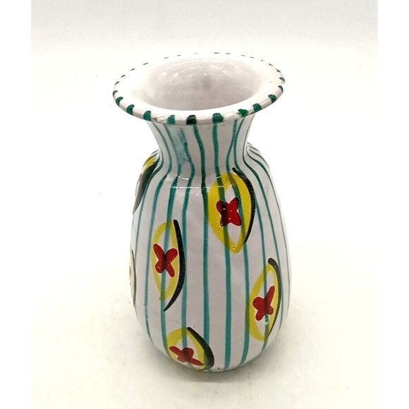Vtg Italian Pottery Turquoise Stripe Fun Abstract MCM 6" Terracotta Vase #566 - Picture 3 of 8